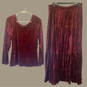 Vintage Two Roads Burgundy Crushed Velvet Top & Skirt Set
